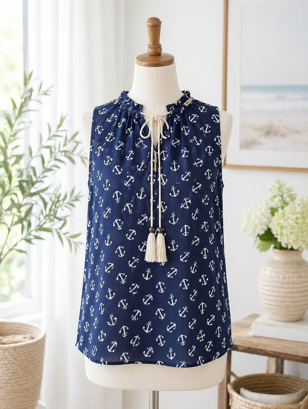 Liberty Love Nautical Anchor Tank Top | Cruise Ready Tie-Front Blouse Size M